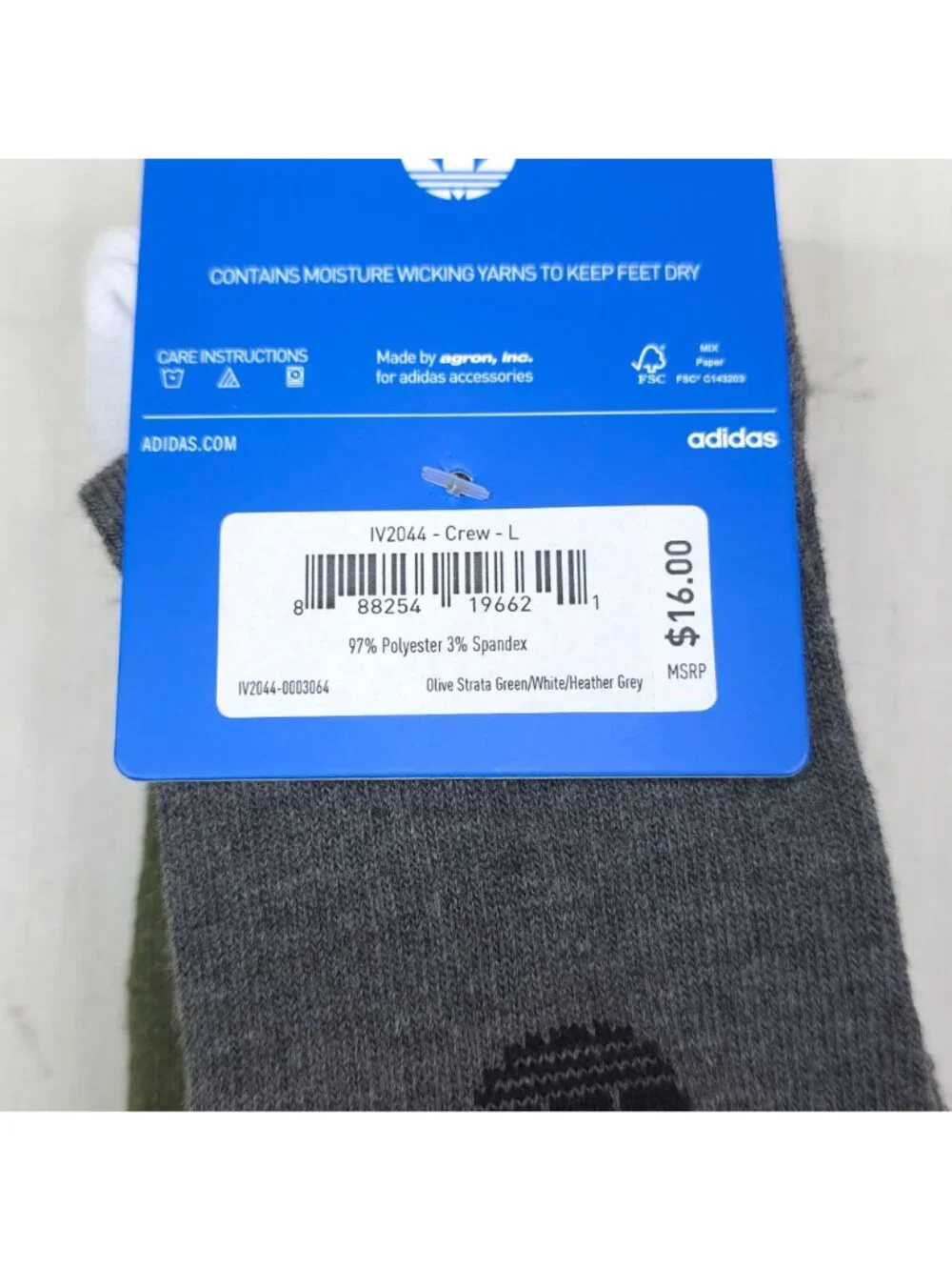 Adidas Mens 3-Pack Cushioned Crew Socks Olive Strata Green/White/Heather Grey